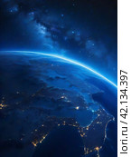 Night view of the Earth from a satellite. Space. Planet in the universe. Стоковое AI-изображение, AI-художник Сергей Елизарьев / Фотобанк Лори
