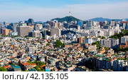 Seoul, South Korea - June 10, 2017: Namsan mountain view, cityscape of Seoul, South Korea. Редакционное фото, фотограф VittoriaChe / Фотобанк Лори