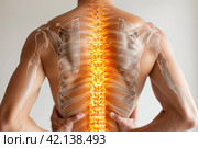 Shoulder-scapular periarthritis, shoulder blades and neck pain, intervertebral spine hernia, man with back pain on a gray background, spinal disc disease, lumbago, AI Generated. Стоковое AI-изображение, AI-художник Станислав Тарко / Фотобанк Лори