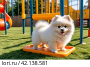 White fluffy puppy of Small German Pomeranian sitting on dog playground, looking at camera. Funny playful doggy German Spitz dog play on walk in nature, outdoors. Pet love concept. Copy ad text space. Стоковое AI-изображение, AI-художник Aleksandr Golubev / Фотобанк Лори