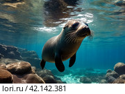 Galapagos fur seal (Arctocephalus galapagoensis) swimming in tropical underwaters. Lion seal in under water world. Observation of wildlife ocean. Scuba diving adventure in Ecuador coast. Copy space. Стоковое AI-изображение, AI-художник Aleksandr Golubev / Фотобанк Лори