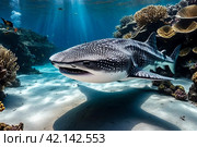 Whale shark (Rhincodon typus) mammal swimming in tropical underwaters. Shark in underwater wild animal world. Observation of wildlife ocean. Scuba diving adventure in Ecuador coast. Copy text space. Стоковое AI-изображение, AI-художник Aleksandr Golubev / Фотобанк Лори