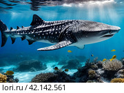 Whale shark (Rhincodon typus) mammal swimming in tropical underwaters rear view. Shark in underwater wild animal world. Observation of wildlife ocean. Scuba diving adventure in Ecuador coast. Стоковое AI-изображение, AI-художник Aleksandr Golubev / Фотобанк Лори