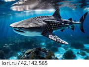 Whale shark (Rhincodon typus) mammal swimming in tropical underwaters rear view. Shark in underwater wild animal world. Observation of wildlife ocean. Scuba diving adventure in Ecuador coast. Стоковое AI-изображение, AI-художник Aleksandr Golubev / Фотобанк Лори
