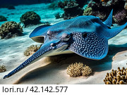Blue spotted stingray (Myliobatoidei) cartilaginous fish on sandy bottom in tropical underwaters. Skate in underwater wild animal world. Observation of wildlife ocean. Scuba diving in Ecuador coast. Стоковое AI-изображение, AI-художник Aleksandr Golubev / Фотобанк Лори