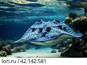 Blue spotted stingray (Myliobatoidei) cartilaginous fish on sandy bottom in tropical underwaters. Skate in underwater wild animal world. Observation of wildlife ocean. Scuba diving in Ecuador coast. Стоковое AI-изображение, AI-художник Aleksandr Golubev / Фотобанк Лори