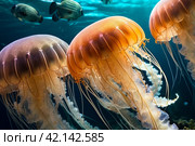 Jellyfish (Cubozoa) swimming in tropical underwaters bottom view. Medusa in underwater wild animal world. Observation of wildlife ocean. Scuba diving in Ecuador coast. Copy text space. Стоковое AI-изображение, AI-художник Aleksandr Golubev / Фотобанк Лори