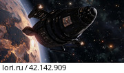 Spaceship near the planet, ,Generative AI. Стоковое AI-изображение, AI-художник Анна Кривицкая / Фотобанк Лори