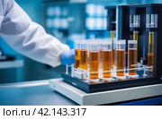 Modern Medical Research Laboratory. Scientific Lab Biotechnology. Equipment of that used in laboratories, hospitals, research labs, industry etc. Analysis of solvents, drugs, residues, pharmaceuticals. Стоковое AI-изображение, AI-художник Марина Демидюк / Фотобанк Лори