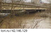 Flood disaster, heavy water flow in a river after a rainstorm. A weather disaster. Muddy river through tree branches. Water almost reaches the top of a car bridge. Natural disasters, extreme weather. Стоковое видео, видеограф Воловодов Владимир / Фотобанк Лори