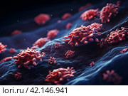 Close-up of multi-colored 3D bacteria under a color scanning electron micrograph. Стоковое AI-изображение, AI-художник Виталий Сова / Фотобанк Лори