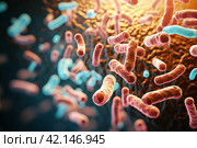 Close-up of multi-colored 3D bacteria under a color scanning electron micrograph. Стоковое AI-изображение, AI-художник Виталий Сова / Фотобанк Лори