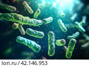 Close-up of multi-colored 3D bacteria under a color scanning electron micrograph. Стоковое AI-изображение, AI-художник Виталий Сова / Фотобанк Лори