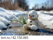 Снеговик с подснежниками, весна пришла. Стоковое AI-изображение, AI-художник Щеголева Ольга / Фотобанк Лори
