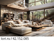 Living room with comfortable sofas and stairs to the second floor,Generative AI. Стоковое AI-изображение, AI-художник Анна Кривицкая / Фотобанк Лори
