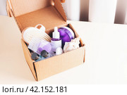 Sample box of different skincare products on beige background. Стоковое фото, фотограф Юлия Трикашная / Фотобанк Лори