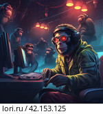 Monkeys in military uniform at the computer, NATO,Generative AI. Стоковое AI-изображение, AI-художник Анна Кривицкая / Фотобанк Лори