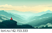 A serene mountain landscape with a meditator in lotus position. Стоковое AI-изображение, AI-художник Юлия Гапеенко / Фотобанк Лори
