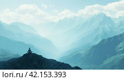 A serene mountain landscape with a meditator in lotus position. Стоковое AI-изображение, AI-художник Юлия Гапеенко / Фотобанк Лори