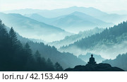 A serene mountain landscape with a meditator in lotus position. Стоковое AI-изображение, AI-художник Юлия Гапеенко / Фотобанк Лори