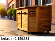 Gold wooden Mailbox in an house residential building outside. Modern numbered mailboxes box outdoors, creative design mail backgrounds. Urban correspondence concept. Copy ad text space. Generated Ai. Стоковое AI-изображение, AI-художник Aleksandr Golubev / Фотобанк Лори