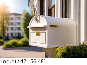 White wooden Mailbox in an house residential building outside. Modern numbered mailboxes box outdoors, creative design mail backgrounds. Urban correspondence concept. Copy ad text space. Generated Ai. Стоковое AI-изображение, AI-художник Aleksandr Golubev / Фотобанк Лори