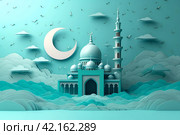 Modern 3D greeting card Islamic holiday banner suitable for Ramadan, Raya Hari, Eid al-Adha and Mawlid. Attributes of a mosque, a crescent and a lit lantern on a blue background with empty space. Стоковое AI-изображение, AI-художник Мария Фадеева / Фотобанк Лори