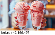Two servings of vegan ice cream with raspberries in glasses. AI generated. Стоковое AI-изображение, AI-художник Ольга Губская / Фотобанк Лори