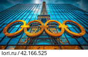 The Olympic rings and the Eiffel tower. Summer Olympic games concept. Стоковое AI-изображение, AI-художник Ирина Михайличенко / Фотобанк Лори