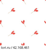 Watercolor seamless pattern with lollipop red rooster. Retro illustration on white background. For printing on fabrics and wrapping paper for candy store. For kitchen textiles. Стоковая иллюстрация, иллюстратор Татьяна Трущелева / Фотобанк Лори