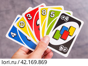 BELARUS, NOVOPOLOTSK - JANUARY 16, 2021: Uno cards close up. Редакционное фото, фотограф Аксенова Вера / Фотобанк Лори