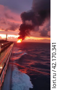 Fire on an offshore oil tanker. Стоковое AI-изображение, AI-художник Кирилл Черезов / Фотобанк Лори