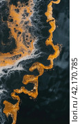 Oil spill on the surface of the reservoir. Стоковое AI-изображение, AI-художник Кирилл Черезов / Фотобанк Лори