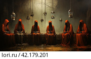 Surreal meeting of a secret society in red cloaks,Generative AI. Стоковое AI-изображение, AI-художник Анна Кривицкая / Фотобанк Лори