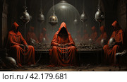 Surreal meeting of a secret society in red cloaks,Generative AI. Стоковое AI-изображение, AI-художник Анна Кривицкая / Фотобанк Лори