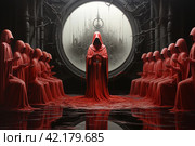 Surreal meeting of a secret society in red cloaks,Generative AI. Стоковое AI-изображение, AI-художник Анна Кривицкая / Фотобанк Лори