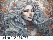 Drawing of a long-haired woman in shades of gray, portrait, ,Generative AI. Стоковое AI-изображение, AI-художник Анна Кривицкая / Фотобанк Лори
