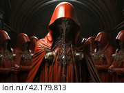 Surreal meeting of a secret society in red cloaks,Generative AI. Стоковое AI-изображение, AI-художник Анна Кривицкая / Фотобанк Лори