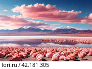 Scenery view of Laguna Colorada lake with pink chilean flamingos at Andes mountains background. Landscape photo of Bolivia in natural wilderness. Bolivian nature landmarks concept. Copy ad text space. Стоковое AI-изображение, AI-художник Aleksandr Golubev / Фотобанк Лори