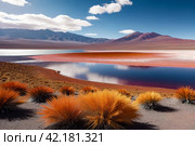 Landscape photo of Laguna Colorada lake with dry vegetation at Andes mountains background. Scenery view of Bolivia in natural wilderness. Bolivian nature landmarks concept. Copy ad text space, poster. Стоковое AI-изображение, AI-художник Aleksandr Golubev / Фотобанк Лори