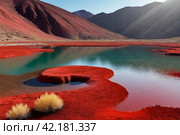 Landscape photo of Laguna Colorada red lake with dry vegetation and geysers at Andes mountains. Scenery view of Bolivia in natural wilderness. Bolivian nature landmarks concept. Copy ad text space. Стоковое AI-изображение, AI-художник Aleksandr Golubev / Фотобанк Лори