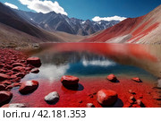 Landscape photo of Laguna Colorada red lake with rocks and geysers at Andes mountains. Scenery view of Bolivia in natural wilderness. Bolivian nature landmarks concept. Copy ad text space, backgrounds. Стоковое AI-изображение, AI-художник Aleksandr Golubev / Фотобанк Лори