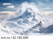 Snowy white peaks rise against the clear blue winter sky,Generative AI. Стоковое AI-изображение, AI-художник Анна Кривицкая / Фотобанк Лори