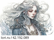Drawing of a long-haired woman in shades of gray, portrait, ,Generative AI. Стоковое AI-изображение, AI-художник Анна Кривицкая / Фотобанк Лори