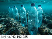 Problematic plastic bottles and microplastics floating in the open ocean. Marine plastic pollution concept, Стоковое AI-изображение, AI-художник Ирина Михайличенко / Фотобанк Лори