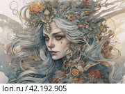 Drawing of a long-haired woman in shades of gray, portrait, ,Generative AI. Стоковое AI-изображение, AI-художник Анна Кривицкая / Фотобанк Лори