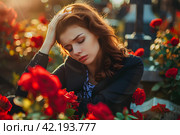 Скорбящая женщина сидит у могилы. Generative AI. Стоковое AI-изображение, AI-художник Щеголева Ольга / Фотобанк Лори
