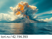 Volcanic eruption on the island. Eruption of anak Krakatau Island at Lampung Regency of Indonesia. Стоковое AI-изображение, AI-художник Ирина Михайличенко / Фотобанк Лори