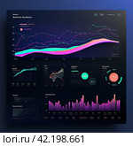 The design of the user interface of a company providing analytical services. Dark mode, with bar and line chart, datasets, gradient color, high resolution. Стоковое AI-изображение, AI-художник Ярославский Максим / Фотобанк Лори