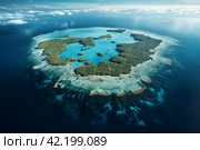 Tropical atoll island in ocean. Стоковое AI-изображение, AI-художник Михаил Коханчиков / Фотобанк Лори
